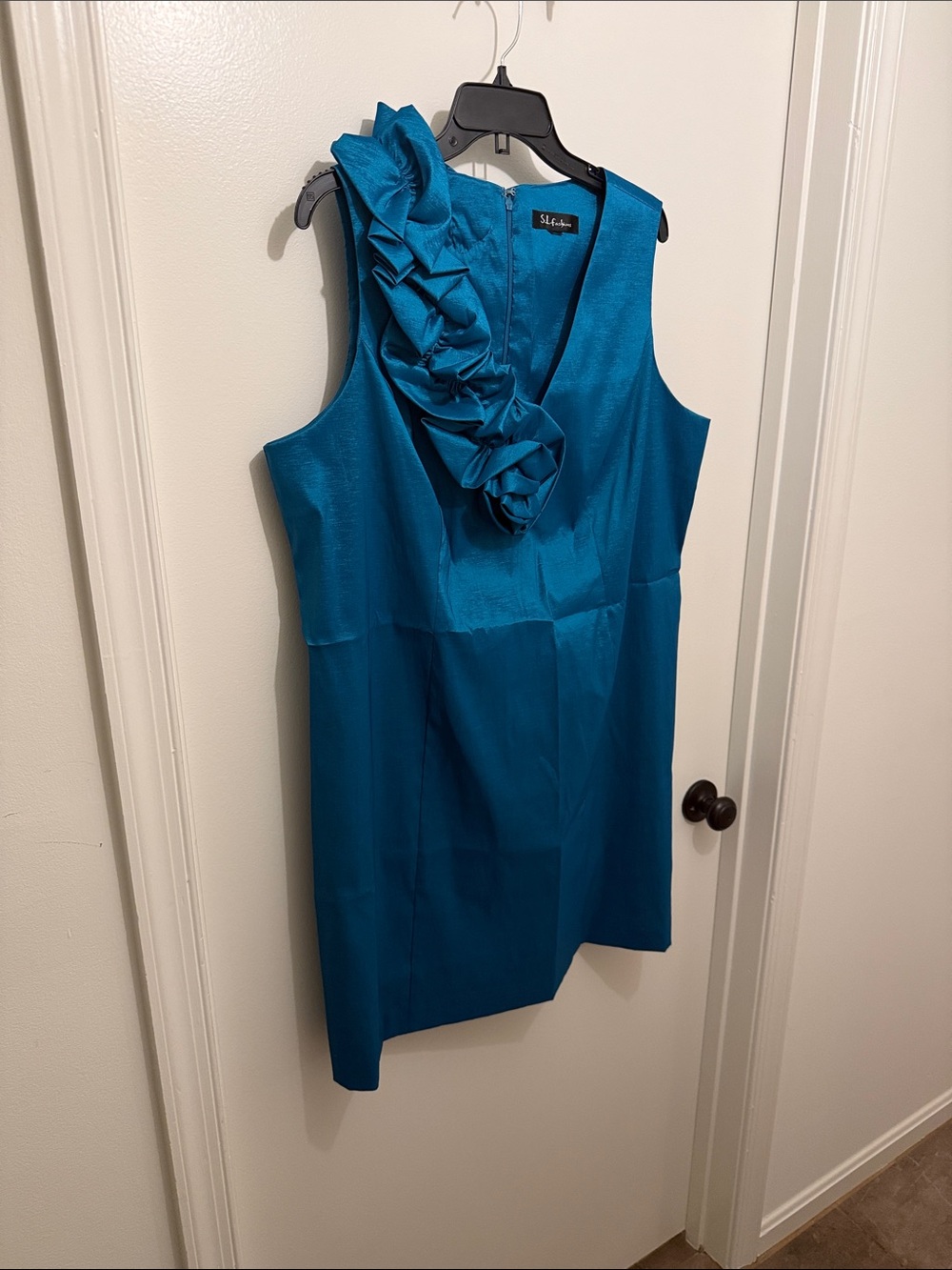 S.L. Fashions Teal Cocktail Dress with Shoulder Rosette